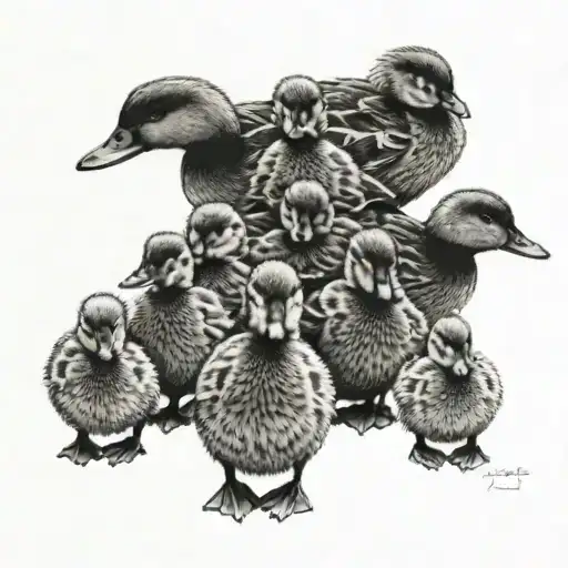 A dotwork tattoo of 7 ducklings following their mother in a line tattoo design idea