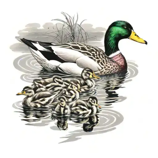 A mother duck leading her 7 ducklings through a serene pond tattoo design idea