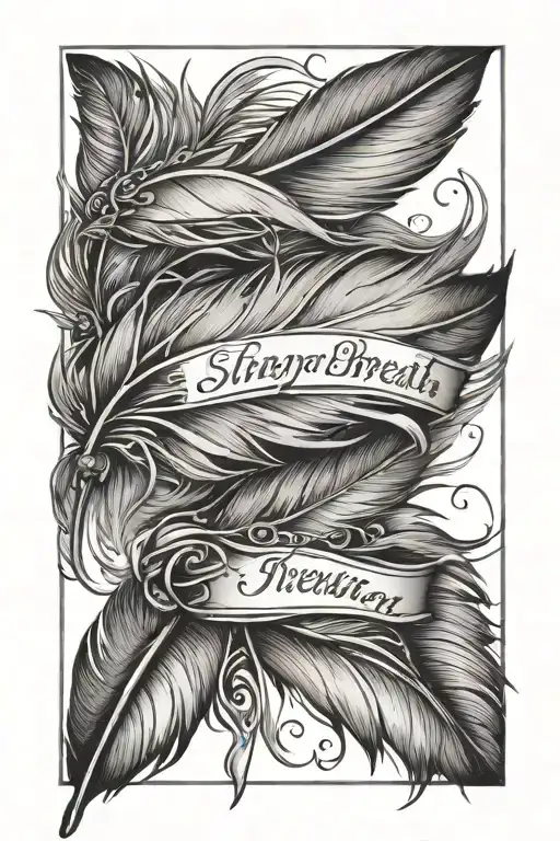 exquisite feather, delicately positioned with the words STOP BREATH BE written inside tattoo design idea