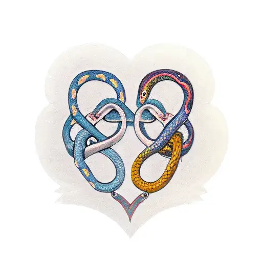 Two intertwined snakes forming a heart shape, representing the duality of love and passion tattoo design idea