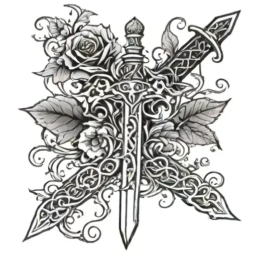 vines and leafs holding a up a sword forarm half sleeve tattoo design idea