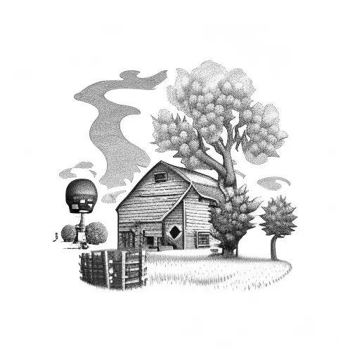 A tattoo inspired by the farm life in Stardew Valley, with a peaceful countryside scene and cute animals like dogs and rats tattoo design idea