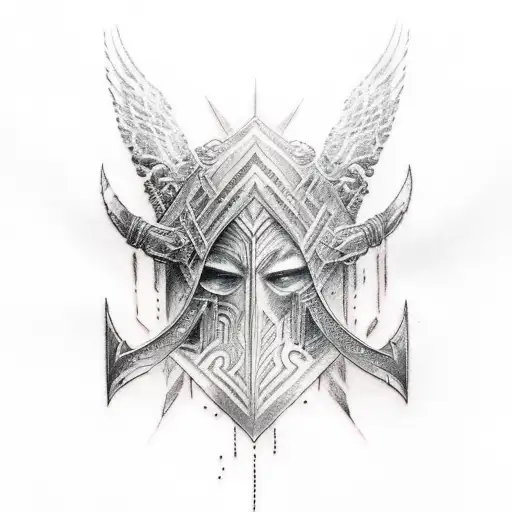 A tattoo combining elements from Hellblade and Norse mythology, featuring a Valkyrie warrior with a glowing rune sword tattoo design idea