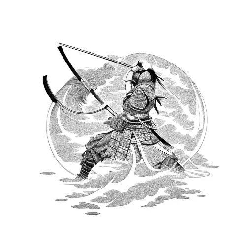 A tattoo featuring a samurai warrior from Sekiro battling a dragon in a Japanese woodblock print style tattoo design idea