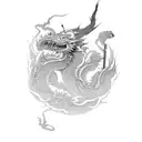 A tattoo featuring a samurai warrior from Sekiro battling a dragon in a Japanese woodblock print style tattoo design idea