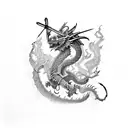 A tattoo featuring a samurai warrior from Sekiro battling a dragon in a Japanese woodblock print style tattoo design idea