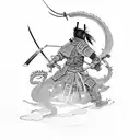 A tattoo featuring a samurai warrior from Sekiro battling a dragon in a Japanese woodblock print style tattoo design idea
