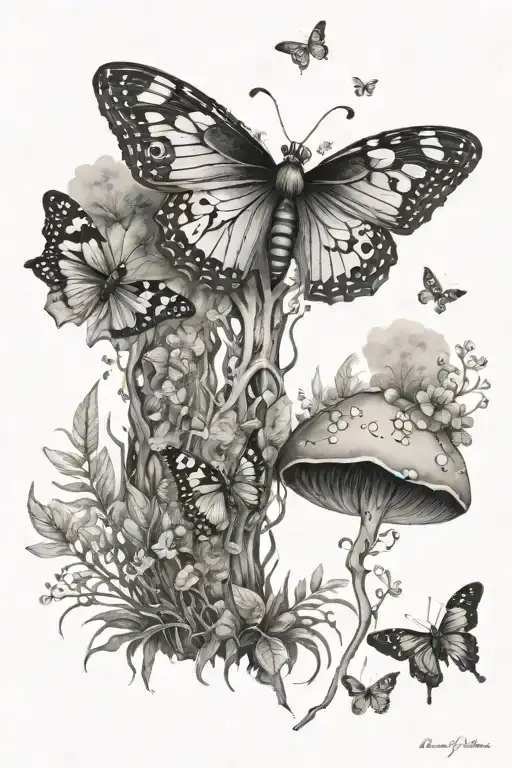 whimsical forest scene, with wildflowers and butterflies fluttering around. Ladybugs crawling on leaves and mushrooms  tattoo design idea