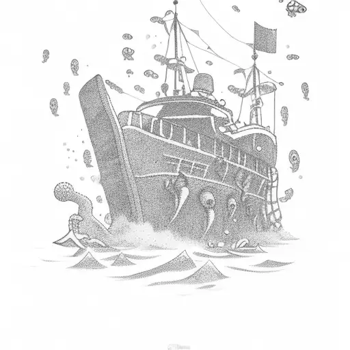 A scuba diver exploring a sunken ship surrounded by sea life tattoo design idea