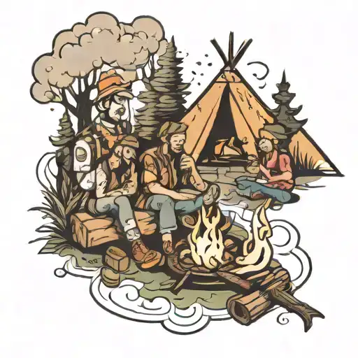 friends around the fire, camping tattoo design idea