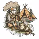 friends around the fire, camping tattoo design idea