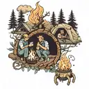 friends around the fire, camping tattoo design idea