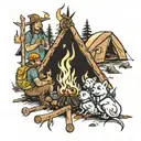friends around the fire, camping tattoo design idea
