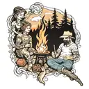 friends around the fire, camping tattoo design idea
