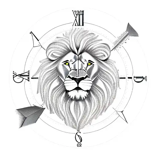 Lion, clock, arrow, compass tattoo design idea