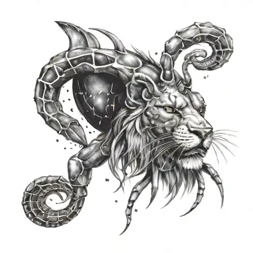 a lions head faced to the front, with a lobster, two constellations. make something special tattoo design idea