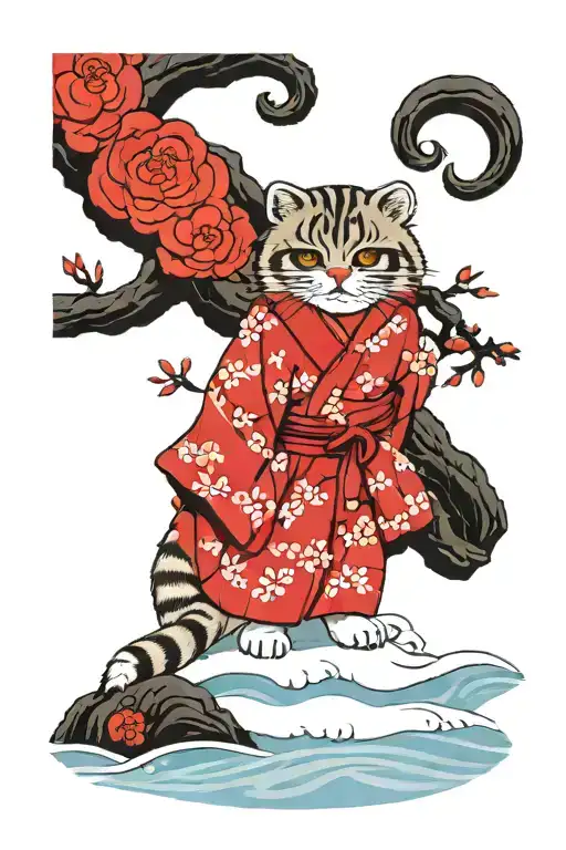 Pallas cat in kimono . behind there are black and white wave background with sakuras leafs and tree  tattoo design idea