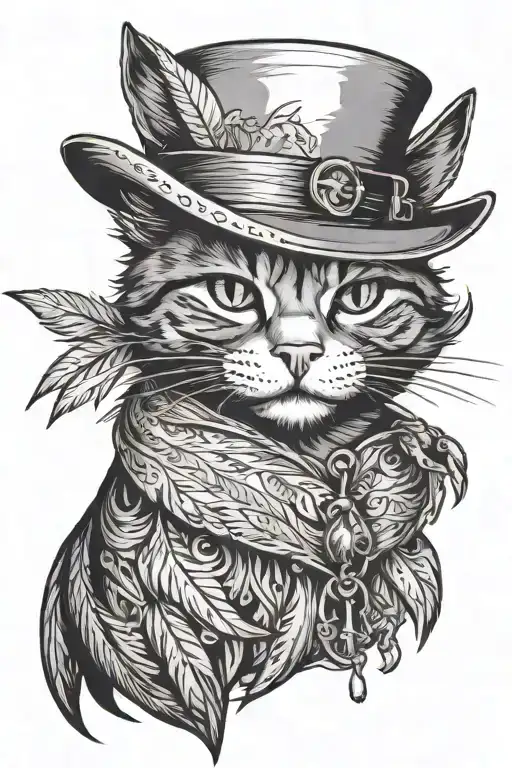 mob cat wearing feather hat & smoking tattoo design idea