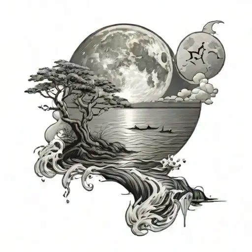 A serene ocean scene with a full moon reflecting on the water tattoo design idea