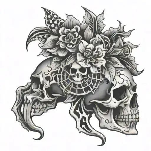 flowers spider skull bones tattoo design idea