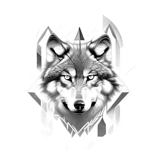 wolf with geometrical shapes around it tattoo design idea
