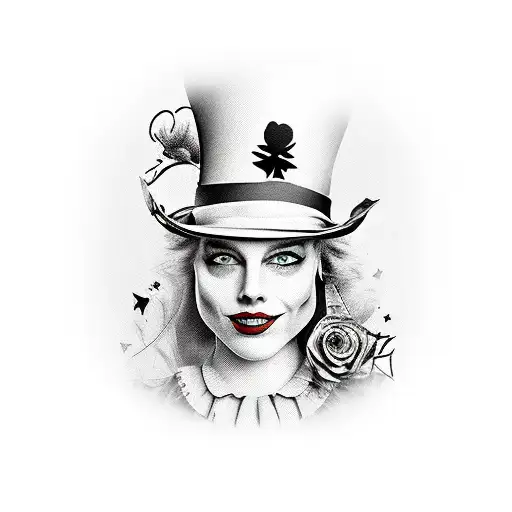 alice wearing the mad hatter hat with time piece tattoo design idea