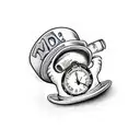 drink me bottle and mad hatter hat with time piece tattoo design idea