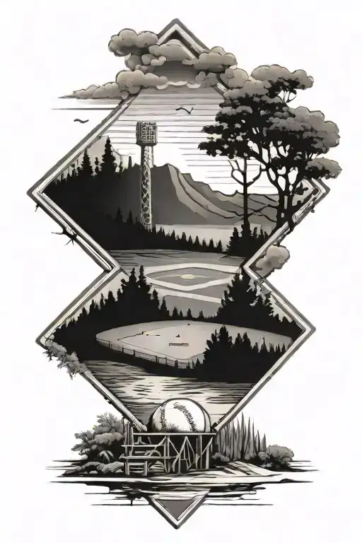 A landscape scene with a baseball diamond tattoo design idea