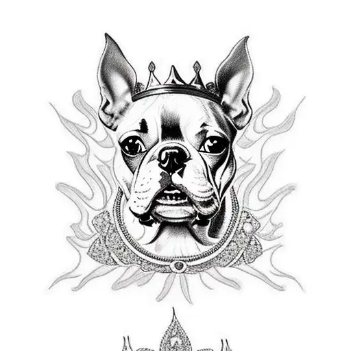 A Boston terrier dog wearing a crown of flames, symbolizing loyalty and protection tattoo design idea