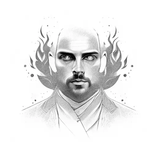 A portrait of Tymoteusz Bucki with a fiery background tattoo design idea