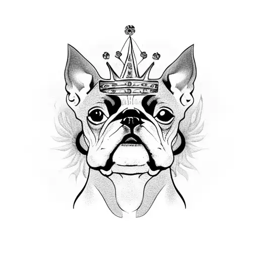 A Boston terrier dog wearing a crown of flames, symbolizing loyalty and protection tattoo design idea