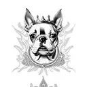 A Boston terrier dog wearing a crown of flames, symbolizing loyalty and protection tattoo design idea