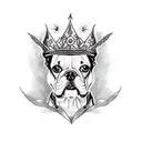 A Boston terrier dog wearing a crown of flames, symbolizing loyalty and protection tattoo design idea