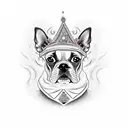 A Boston terrier dog wearing a crown of flames, symbolizing loyalty and protection tattoo design idea