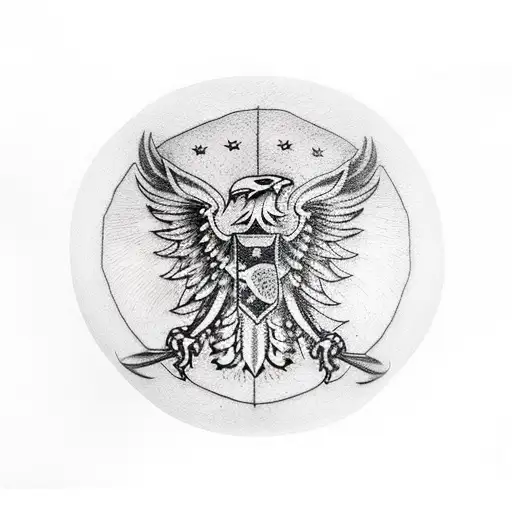 A dotwork tattoo of an eagle wearing a military helmet with the Polish and American flags in the background tattoo design idea