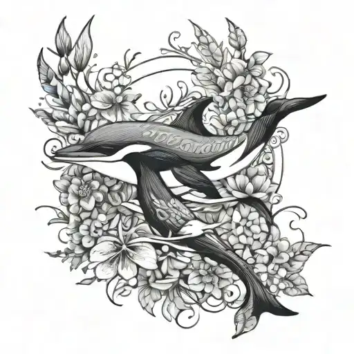 dolphin and orca and hummingbird and dragonfly and feather and flowers  tattoo design idea
