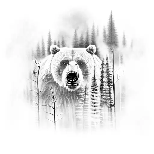roaring bear in misty fern trees with native american twist  tattoo design idea