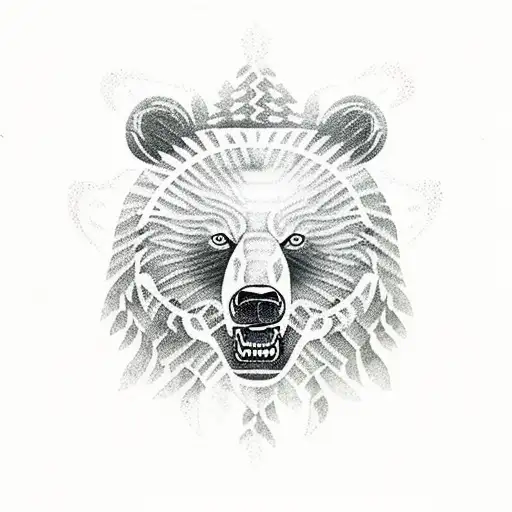 roaring bear in misty fern trees with native american twist  tattoo design idea