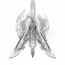 The "Buster Sword" from the game "Final Fantasy 7" stuck in the ground, in black and white tattoo design idea