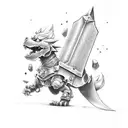 The "Buster Sword" from the game "Final Fantasy 7" stuck in the ground, in black and white tattoo design idea