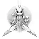 The "Buster Sword" from the game "Final Fantasy 7" stuck in the ground, in black and white tattoo design idea