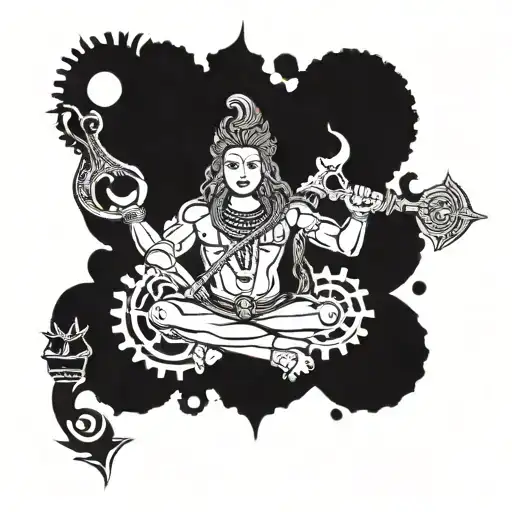 Shiva with trishul and naga intertwined with gears and mechanical elements tattoo design idea