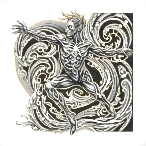 An Alex Grey inspired tattoo of a dancing figure skater surrounded by swirling ice and fire elements tattoo design idea