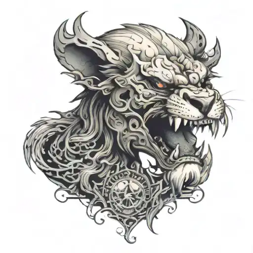 A skull of a lion half decayed with an eastern dragon coming out of it tattoo design idea