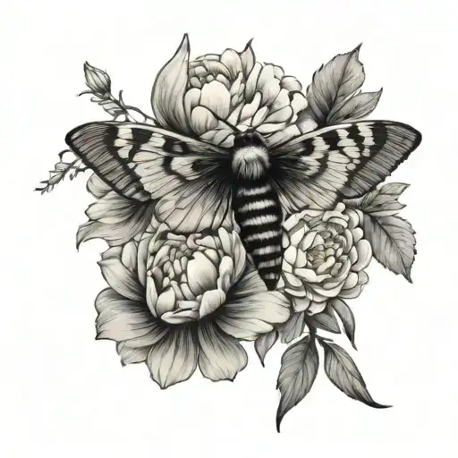 dead's head hawk moth and peony flowers tattoo design idea