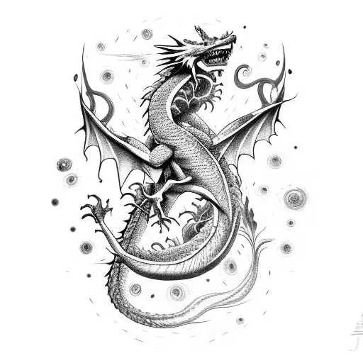 multicolor Dragon with tree body parts ones form a galaxy another form water and the other form planets   tattoo design idea