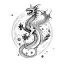 multicolor Dragon with tree body parts ones form a galaxy another form water and the other form planets   tattoo design idea