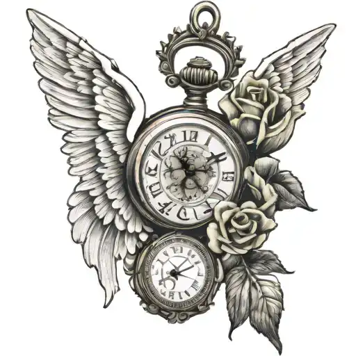 angel and devil wing rose pocket watch tattoo design idea