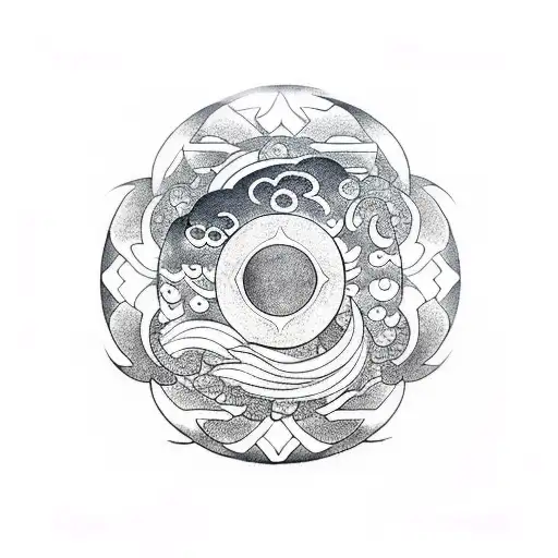 A blackwork tattoo of a koi fish swimming in a circular yin yang symbol, symbolizing balance and harmony, which are important to the client. tattoo design idea