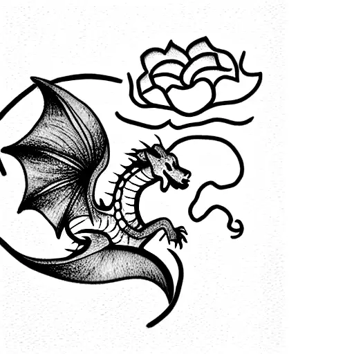 delicate line style tattoo incorporating a dragon, an oak tree, a lotus flower and the ocean tattoo design idea